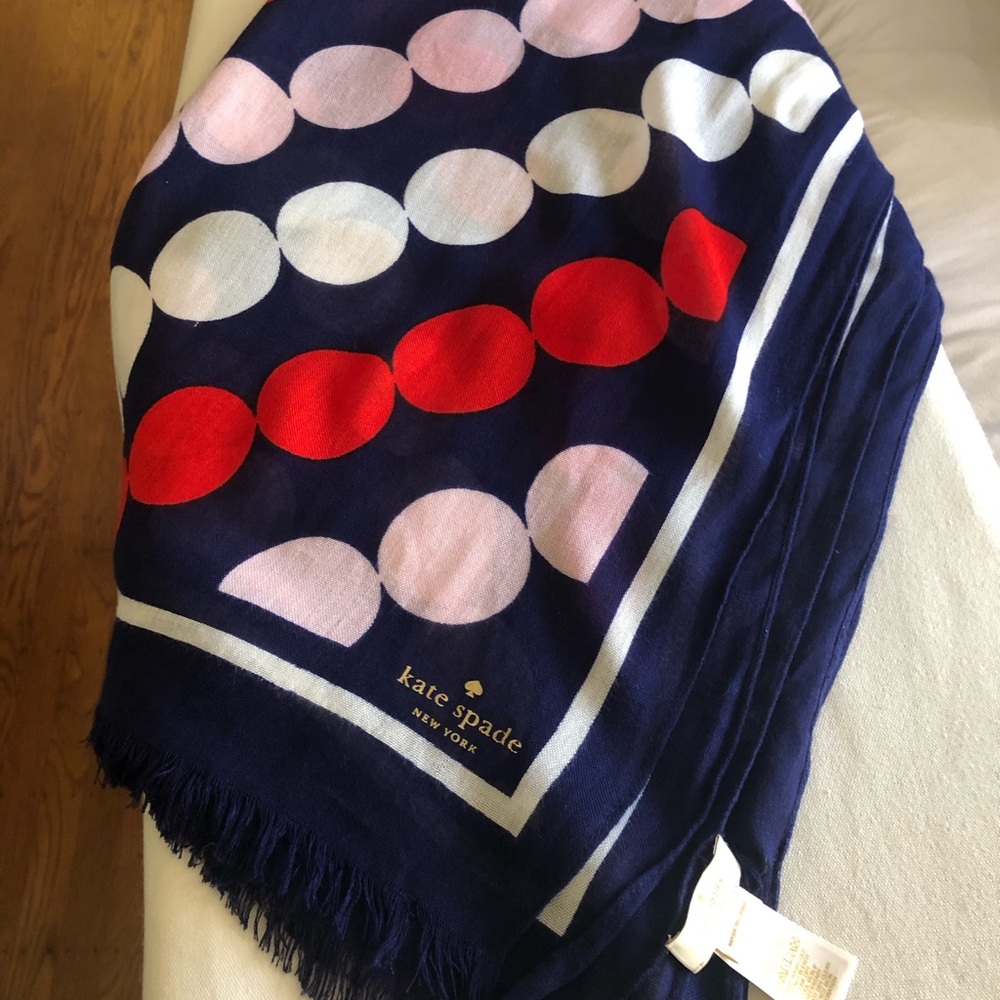 Large Kate Spade Scarf - Blue with red white and pink polka dots